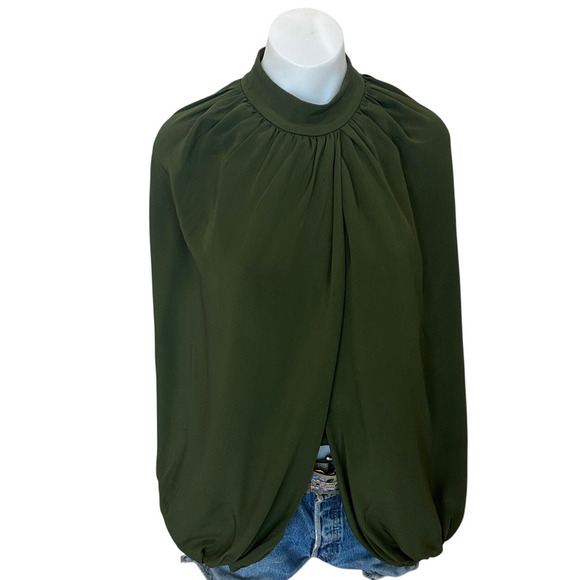CO Olive Green Wrap Top MEDIUM Balloon Sleeve Career Mockneck Silk Designer $900 - Picture 7 of 12